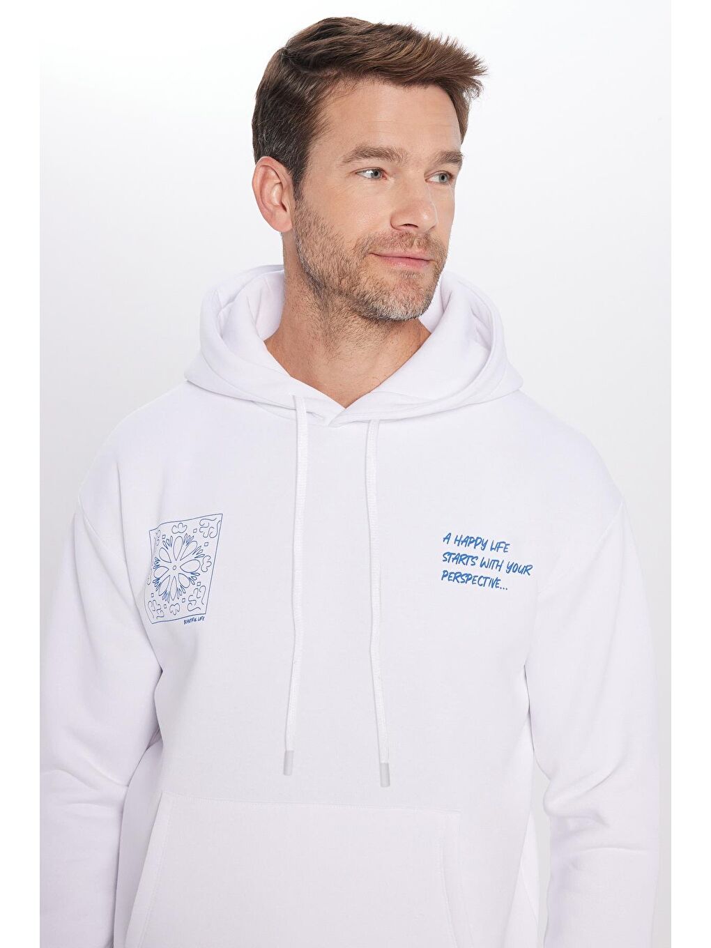 Unisex Oversize Geniş Kesim Pamuklu Yumuşak Dokulu İçi Polarlı Baskılı Beyaz Kapüşonlu Erkek Hoodie-1
