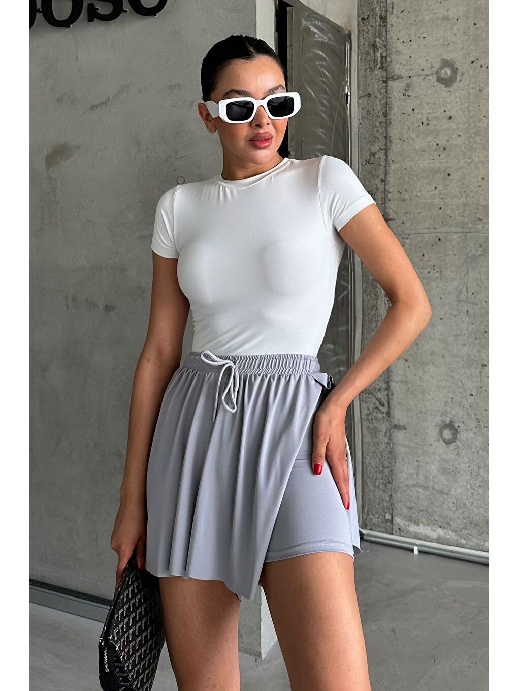 Kadın İçi Taytlı Yüksek Bel Tenis Eteği Gri