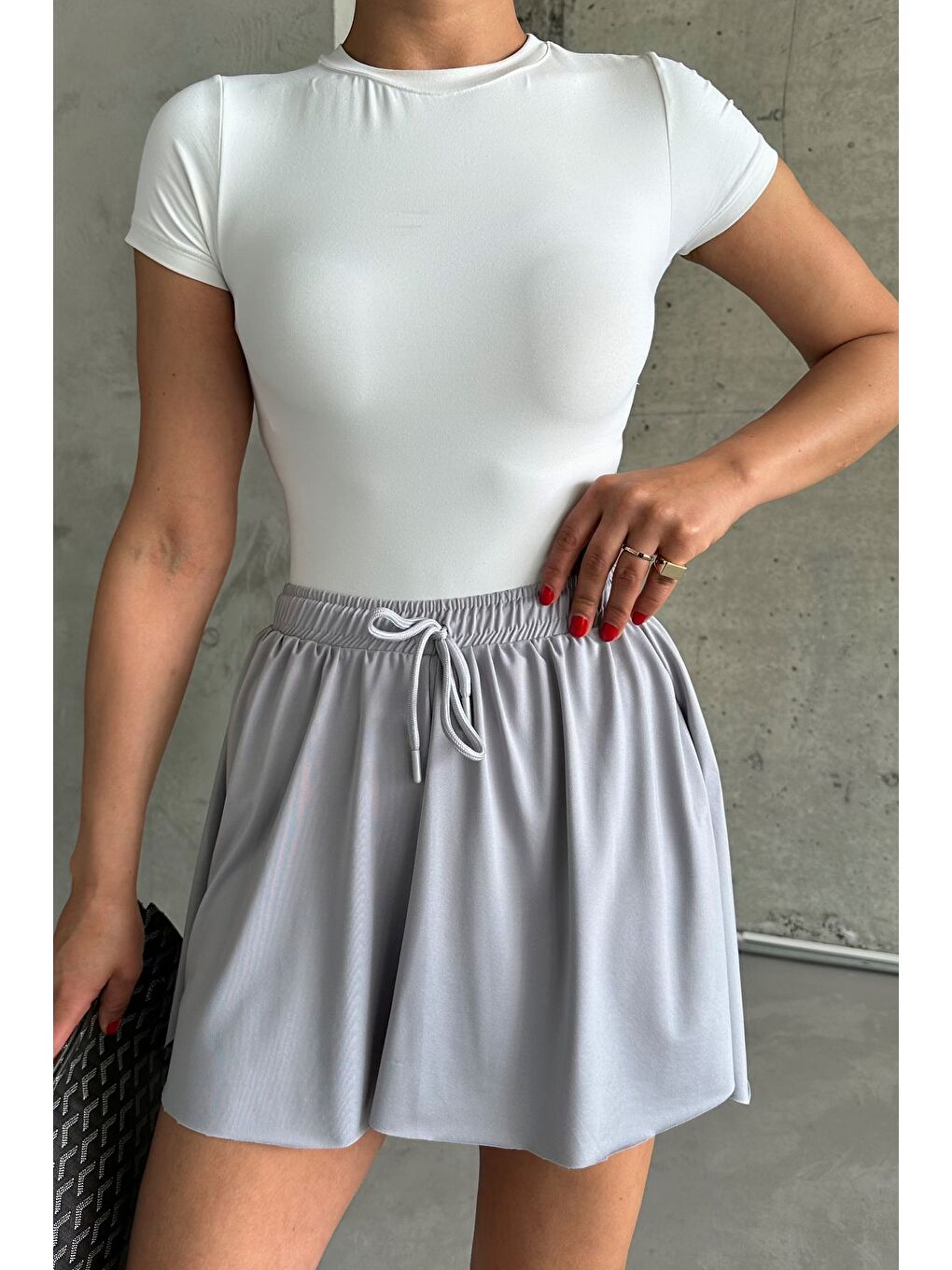 Kadın İçi Taytlı Yüksek Bel Tenis Eteği Gri-2