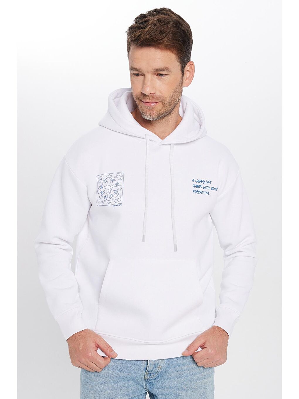 Unisex Oversize Geniş Kesim Pamuklu Yumuşak Dokulu İçi Polarlı Baskılı Beyaz Kapüşonlu Erkek Hoodie-3
