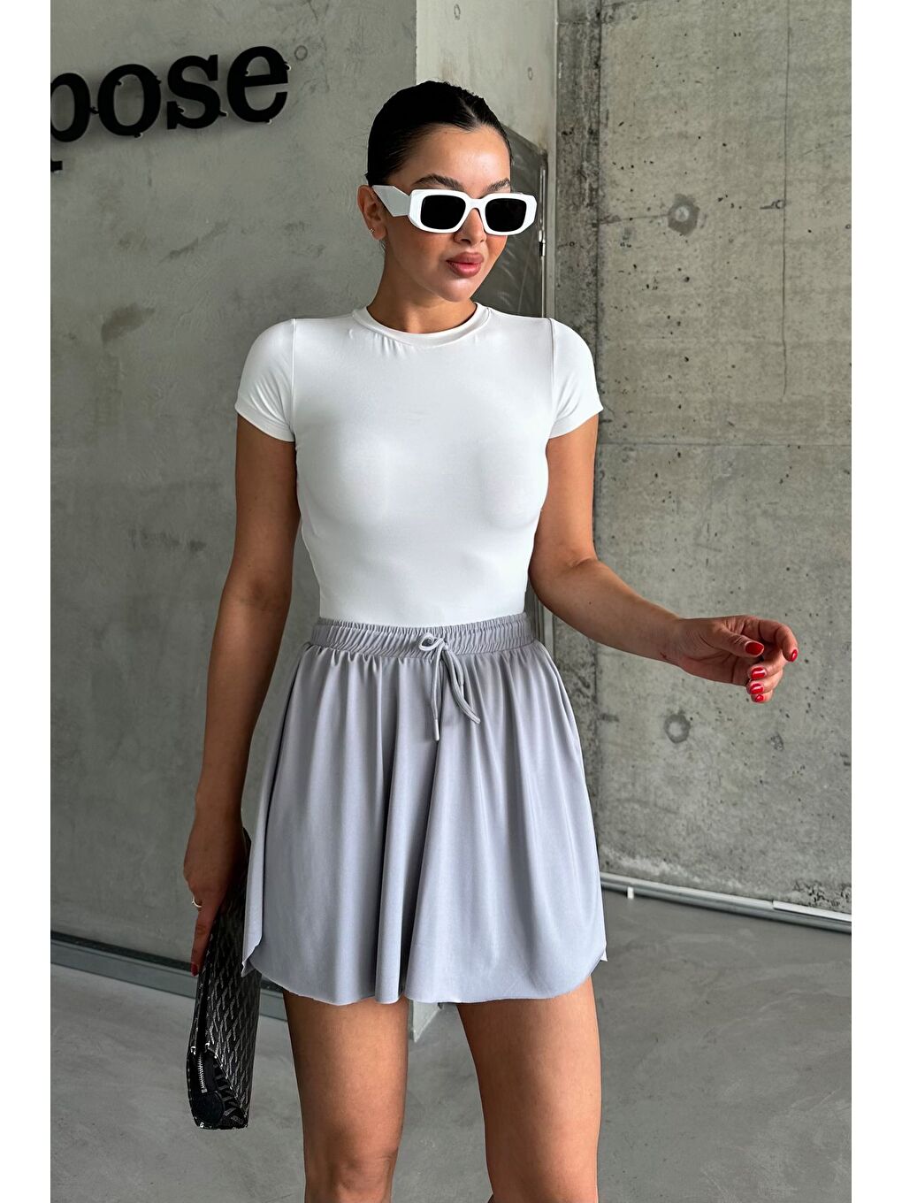 Kadın İçi Taytlı Yüksek Bel Tenis Eteği Gri-3