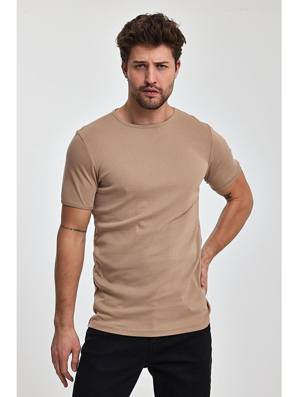 Bej Erkek Ribana Bisiklet Yaka Tişört