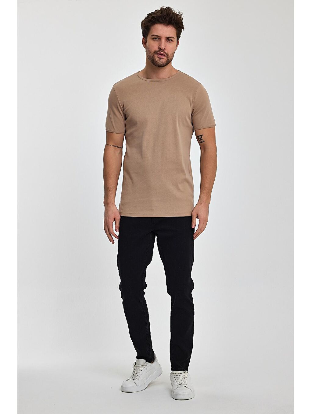 Bej Erkek Ribana Bisiklet Yaka Tişört-1