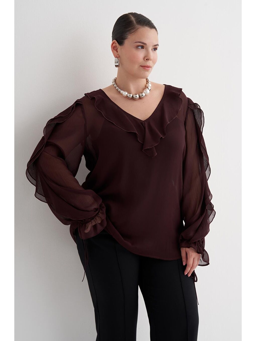 Bordo Fırfır Detaylı Şifon Bluz