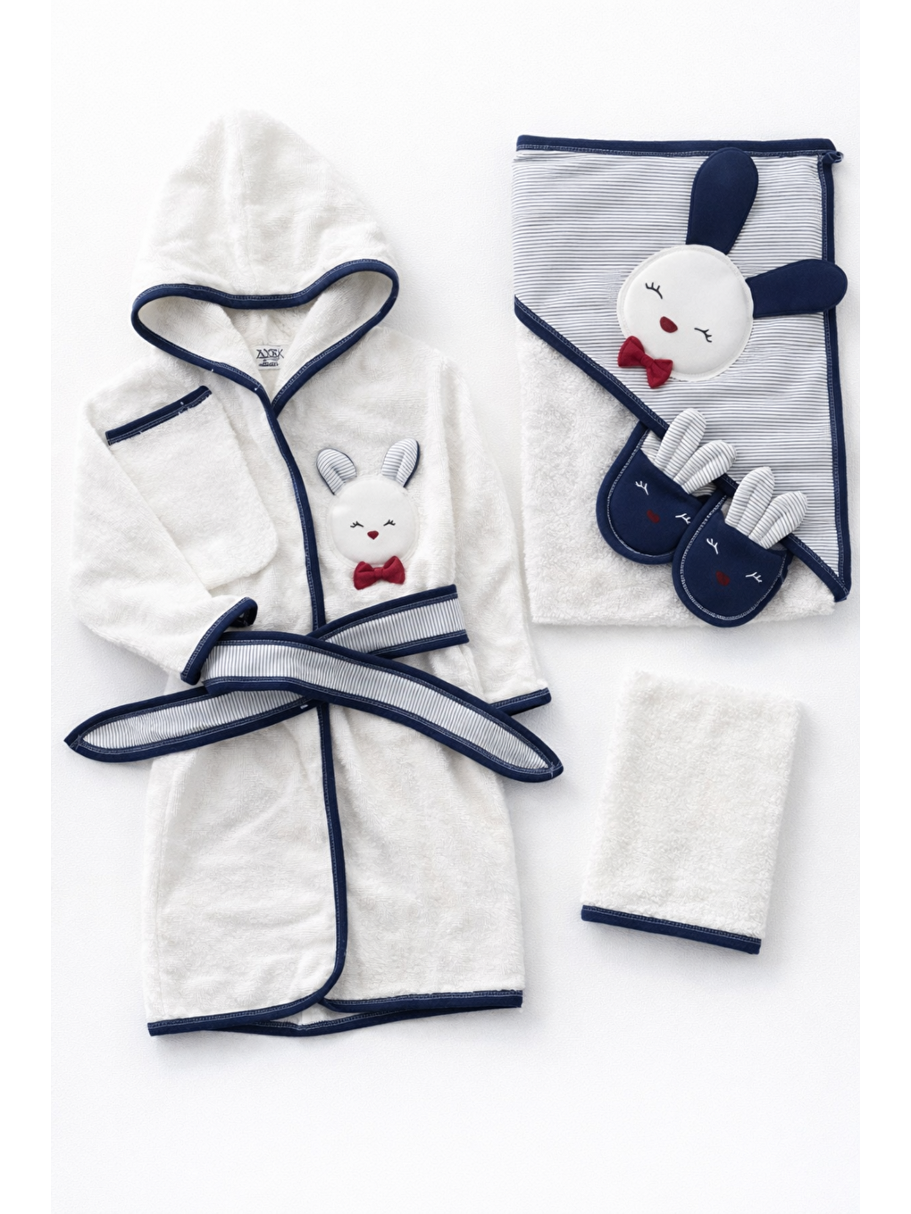 Lacivert Kutulu Lüx 0-24 ay Bebek Havlu Bornoz Seti 4 Parça Unisex Tavşanlı Terlik Dahil-2