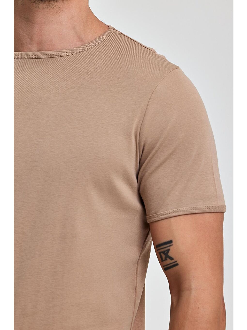 Bej Erkek Ribana Bisiklet Yaka Tişört-2