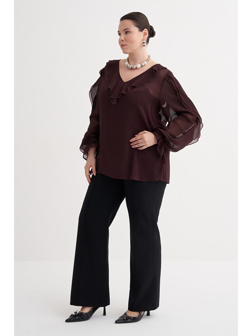 Bordo Fırfır Detaylı Şifon Bluz-1