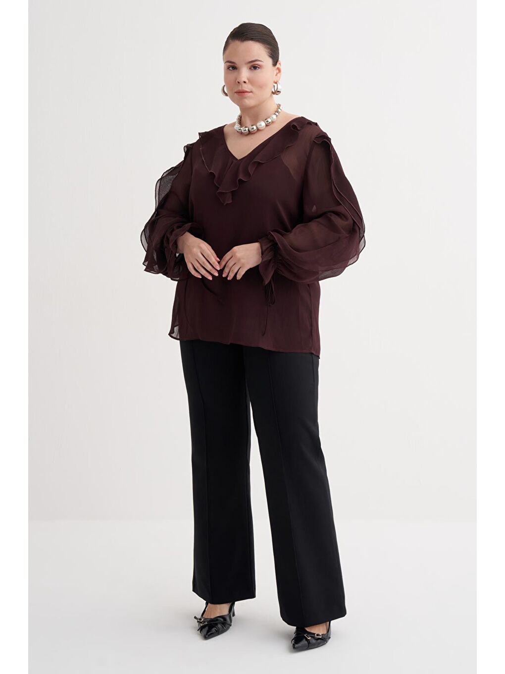 Bordo Fırfır Detaylı Şifon Bluz-2