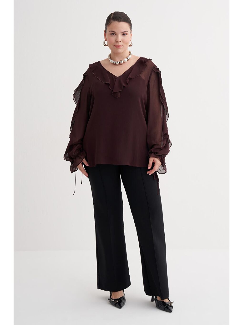 Bordo Fırfır Detaylı Şifon Bluz-3
