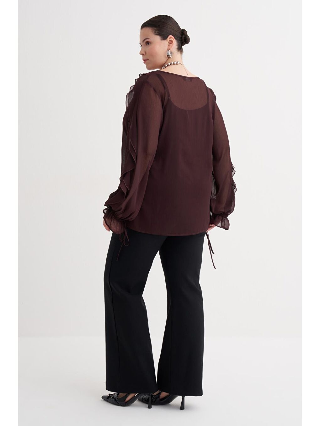 Bordo Fırfır Detaylı Şifon Bluz-4