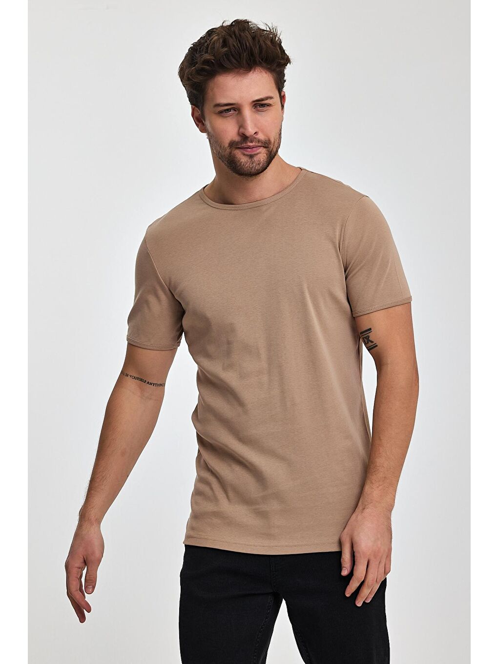 Bej Erkek Ribana Bisiklet Yaka Tişört-3