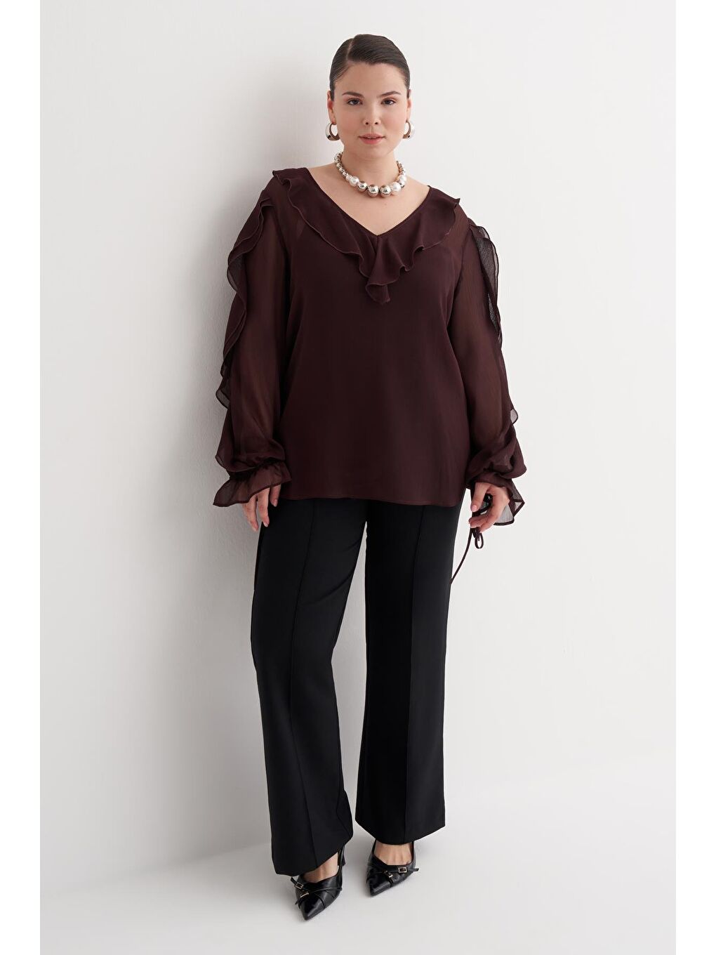 Bordo Fırfır Detaylı Şifon Bluz-5