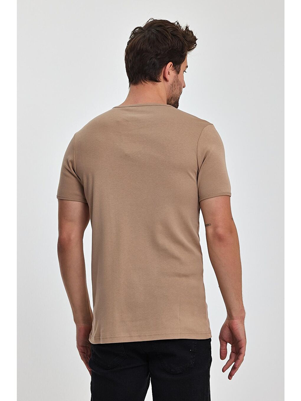 Bej Erkek Ribana Bisiklet Yaka Tişört-4