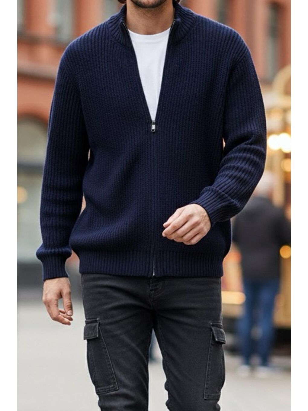 Lacivert Loken Tam Fermuarlı Dik Yaka Kalın Erkek Hırka-1