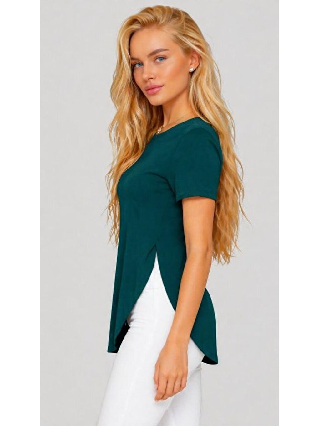 Yeşil Kadın Yırtmaç Detaylı Viskon Kumaş Bluz-2