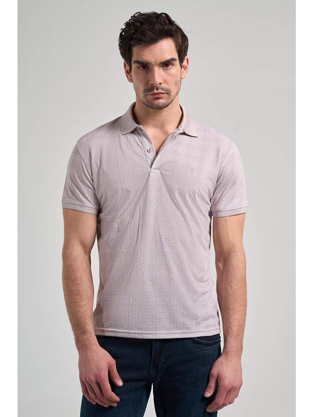 Bej Kısa Kol Baskılı Pike Polo Yaka Cepsiz Esnek Casual Slim Fit Tişört 1011250150