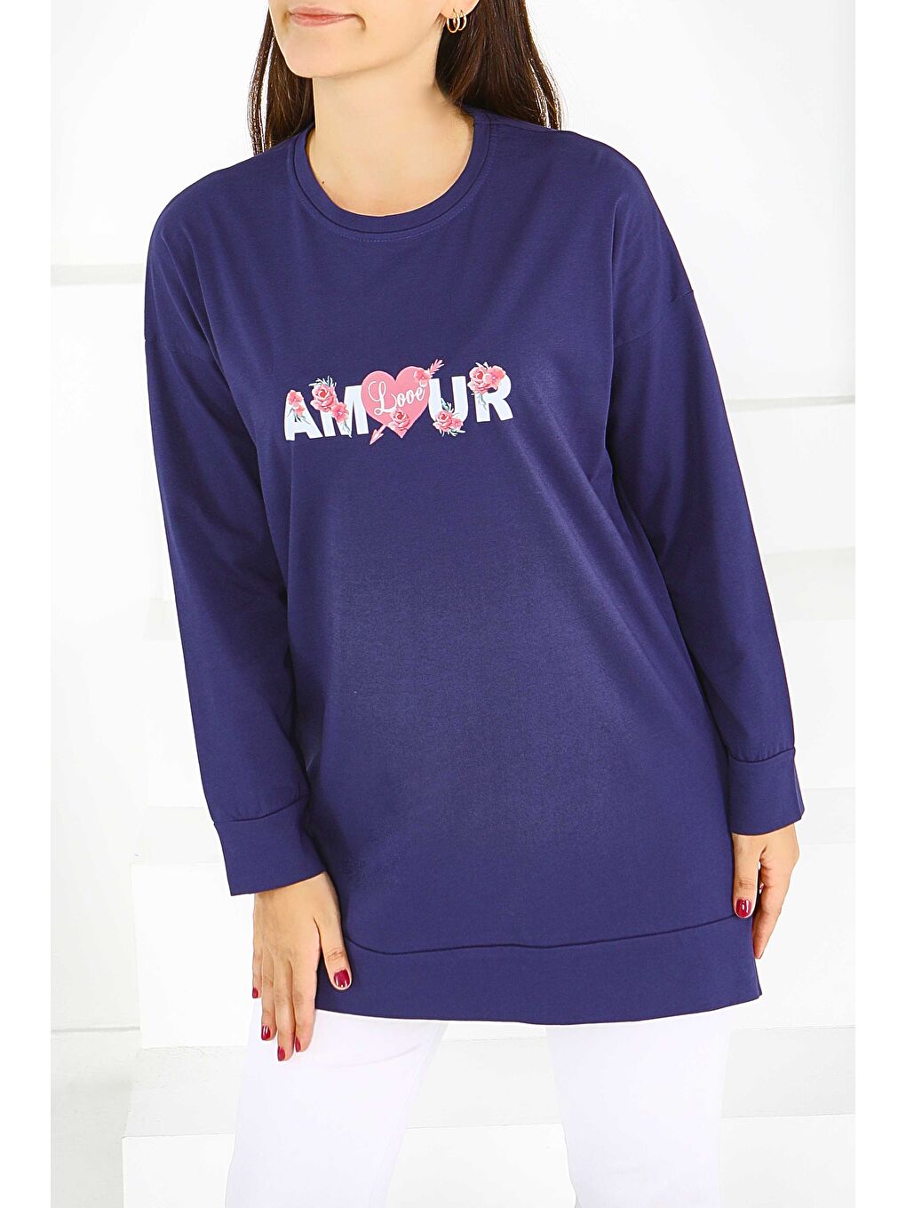 Uzun Kollu Baskılı Süprem Tunik Lacivert - 27584