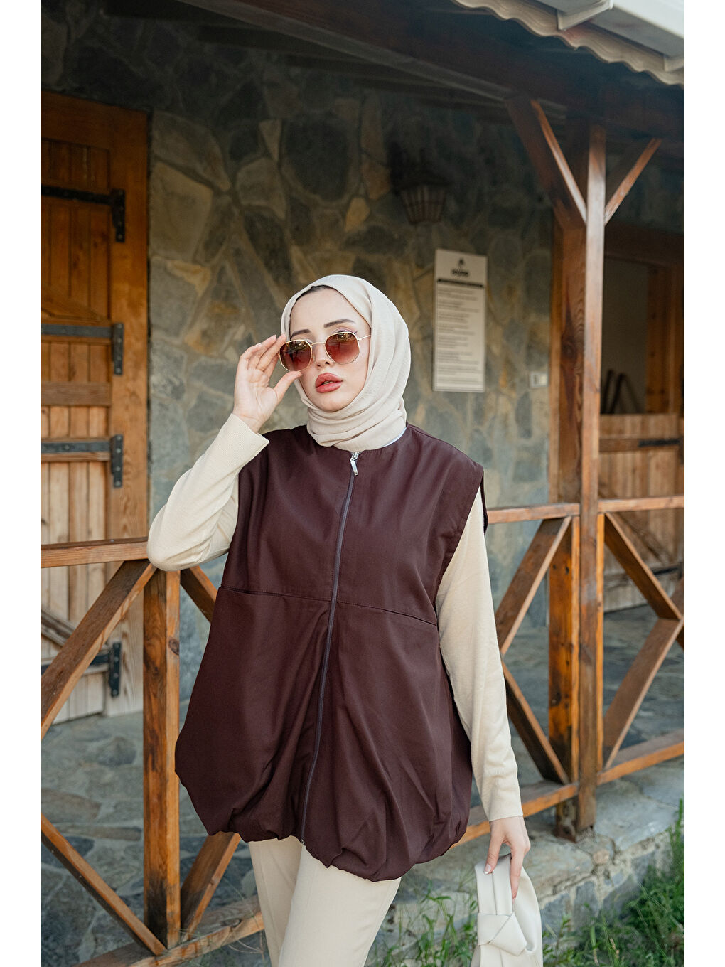 Kadın Bisiklet Yaka Yelek Kahverengi-2