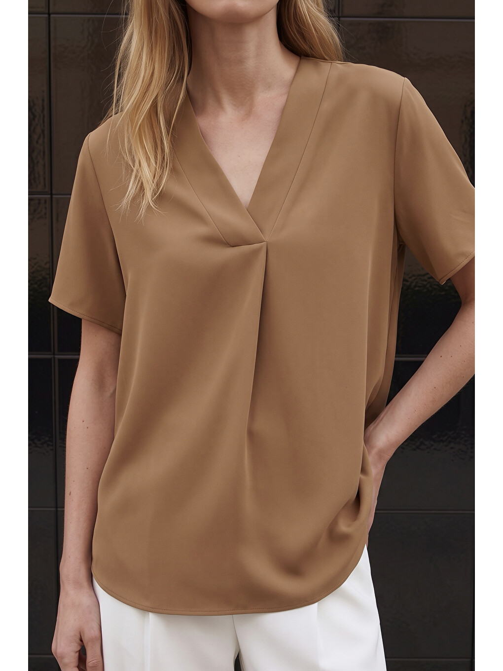 Kahverengi Geniş Kısa Kollu Bluz - Camel-1