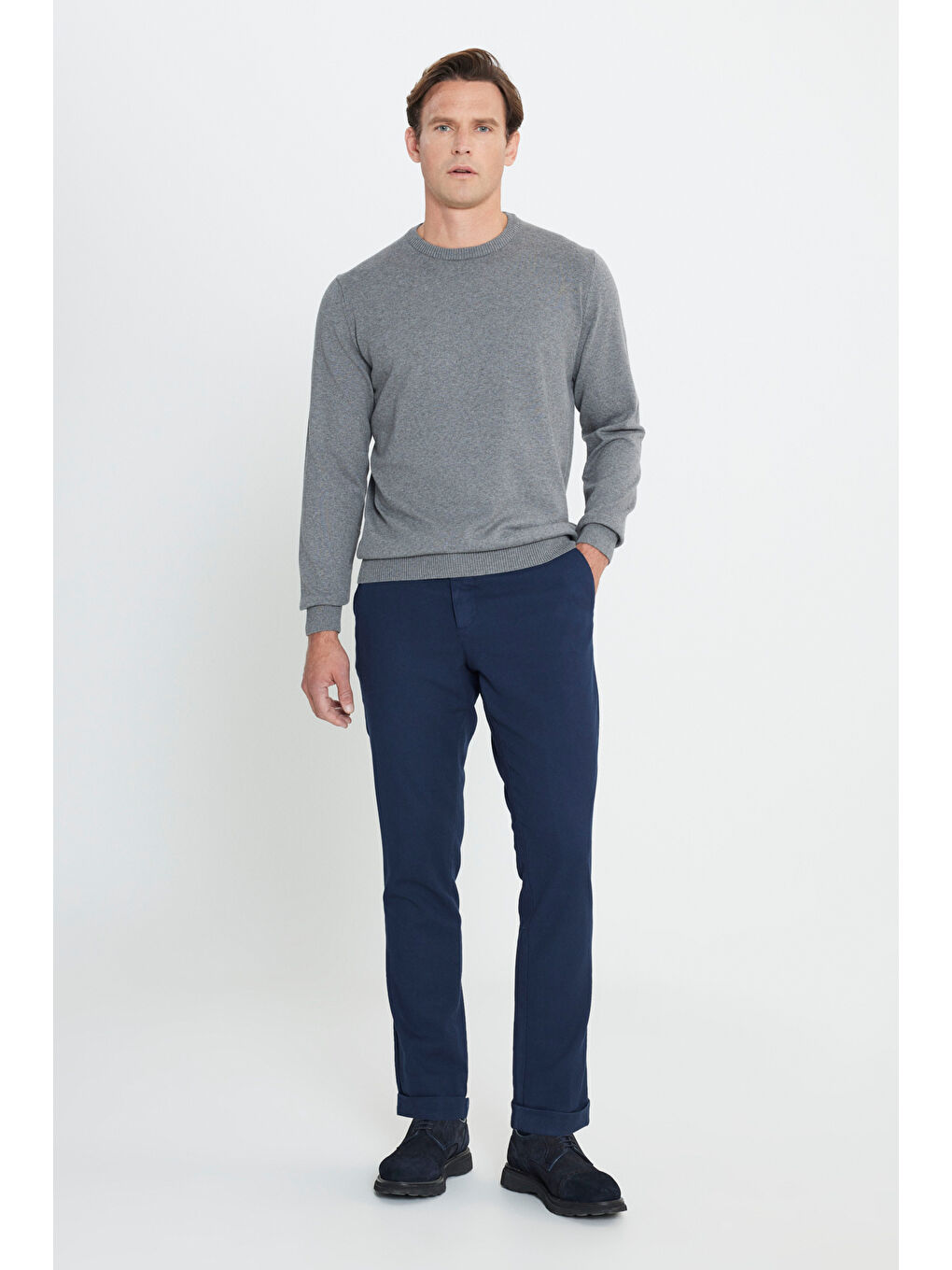 Erkek Gri Melanj Pamuklu Standart Fit Normal Kesim Bisiklet Yaka Triko Kazak-1