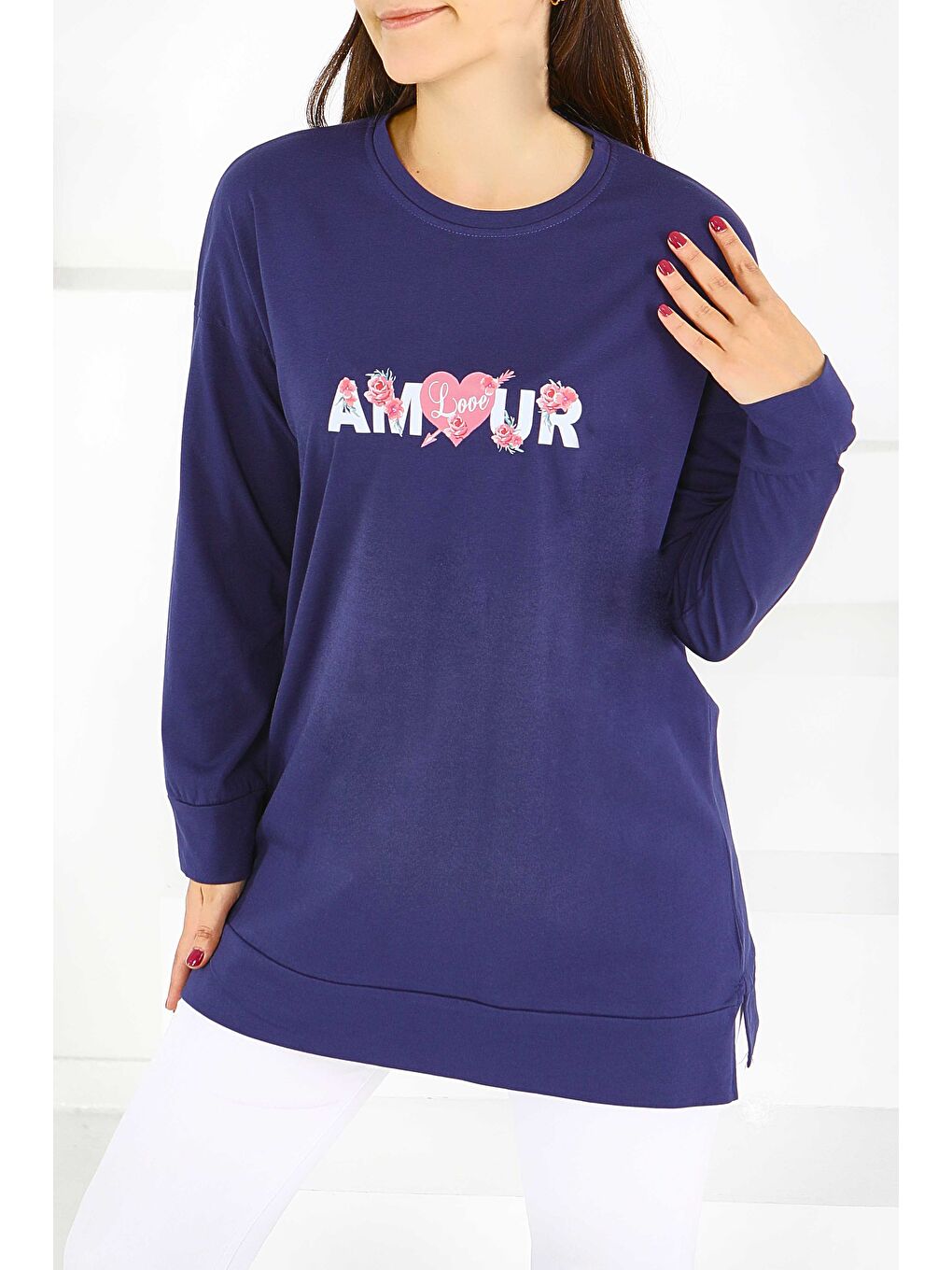 Uzun Kollu Baskılı Süprem Tunik Lacivert - 27584-1