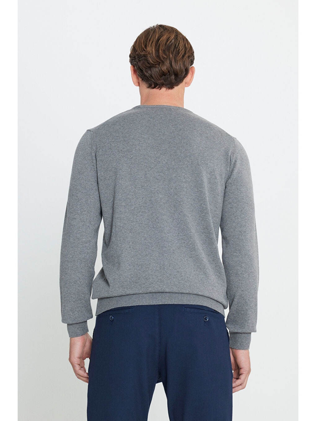 Erkek Gri Melanj Pamuklu Standart Fit Normal Kesim Bisiklet Yaka Triko Kazak-4