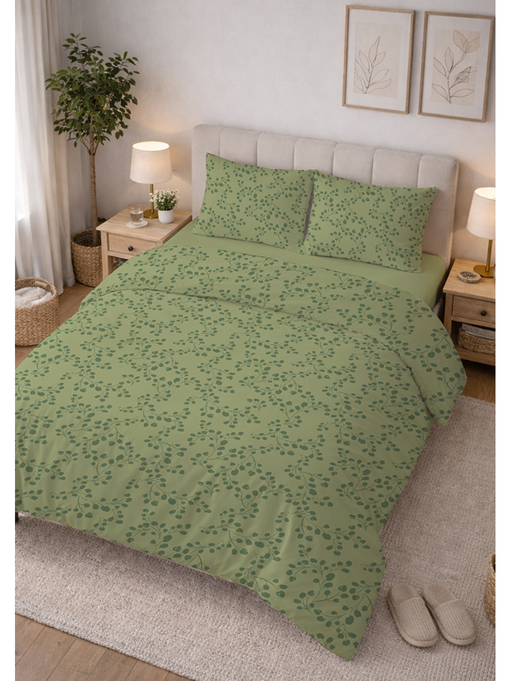 Çift Kişilik Pamuklu Nevresim Takımı - Yeşil Yaprak Desenli (Çarşafsız)