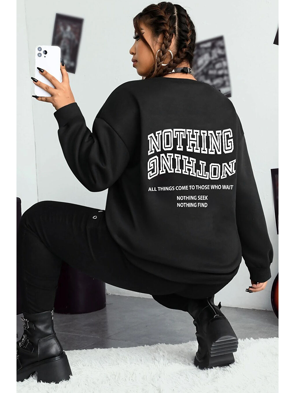 uyguntarz Siyah Unisex Nothing Baskılı Bisiklet Yaka Sweatshirt