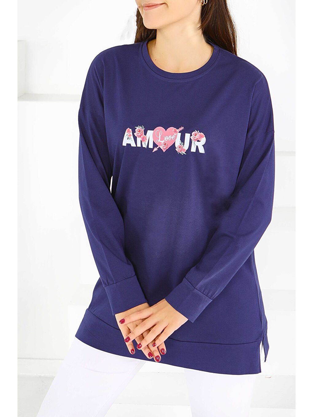 Uzun Kollu Baskılı Süprem Tunik Lacivert - 27584-2