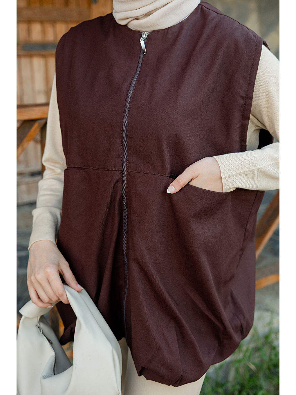 Kadın Bisiklet Yaka Yelek Kahverengi-3