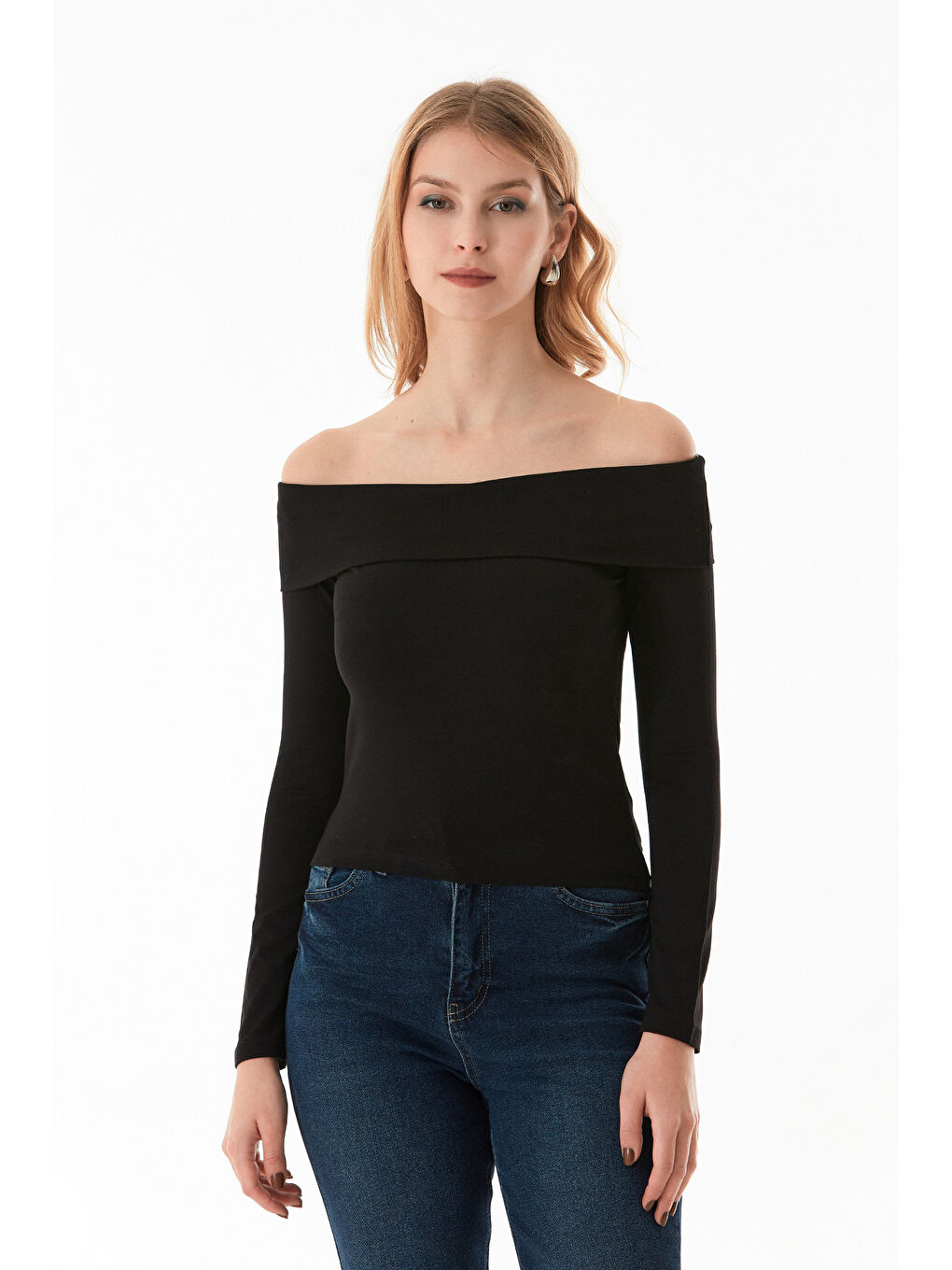 Siyah Basic Madonna Yaka Bluz-1