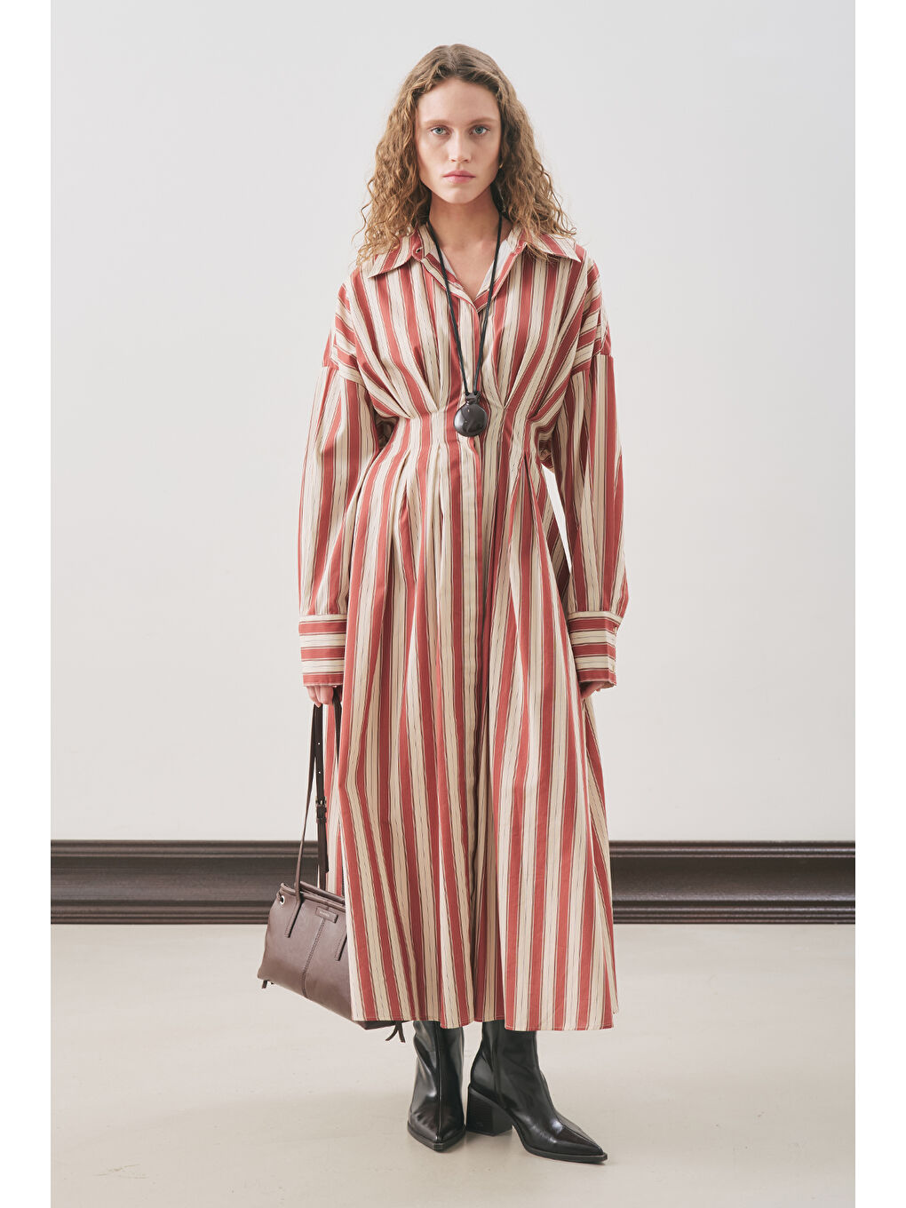 Kahverengi Pile Detaylı Gömlek Elbise Kiremit Çizgili