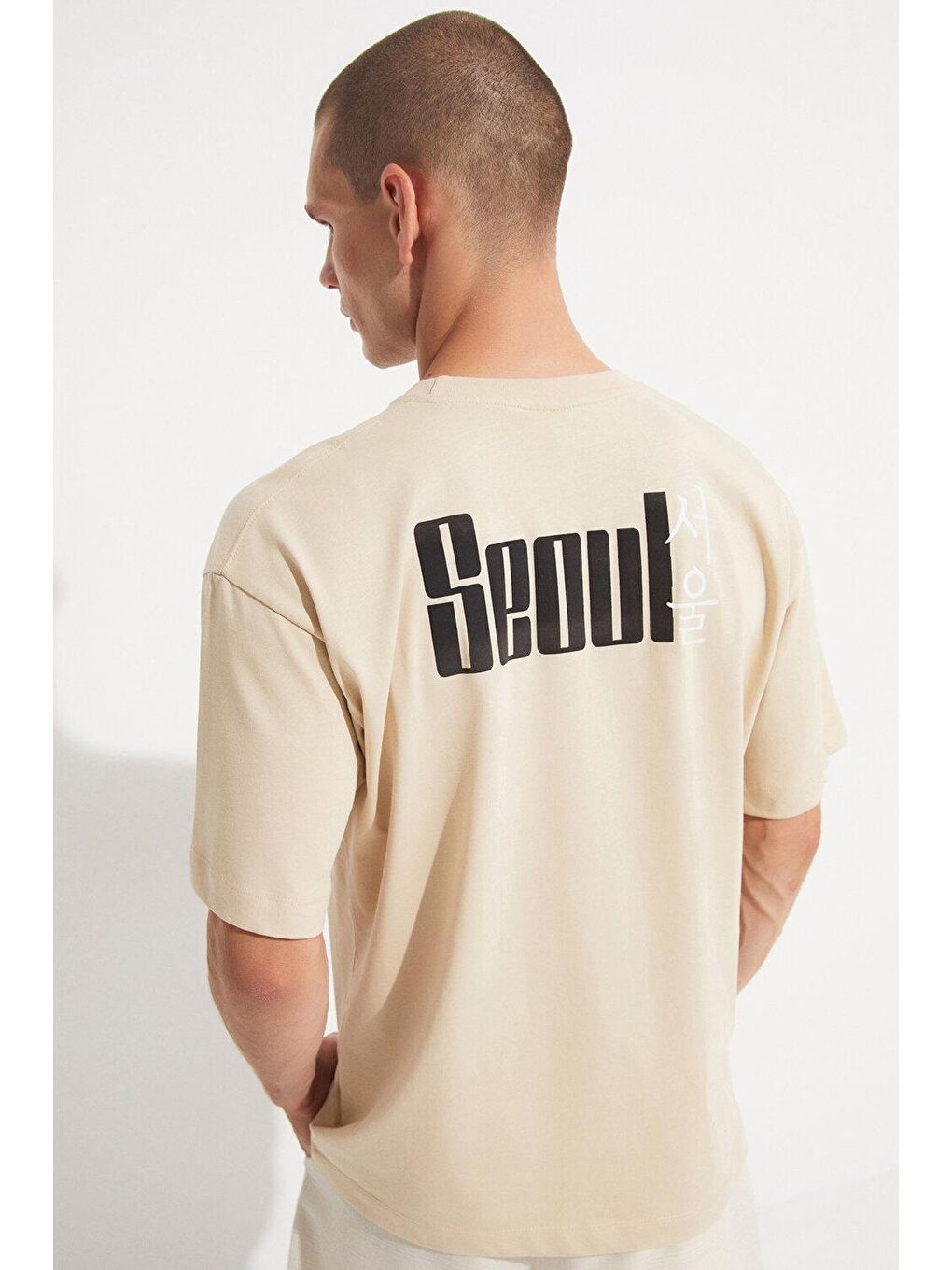 Bej Erkek Oversize %100 Pamuk Baskılı Bisiklet Yaka T-Shirt-4