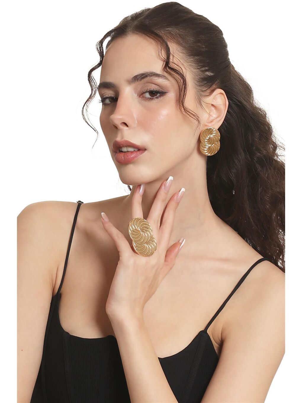 Sarı Kadın Lak  Kaplama Çivili Model Spiral Baskılı Tasarım Küpe &Yüzük Set-1