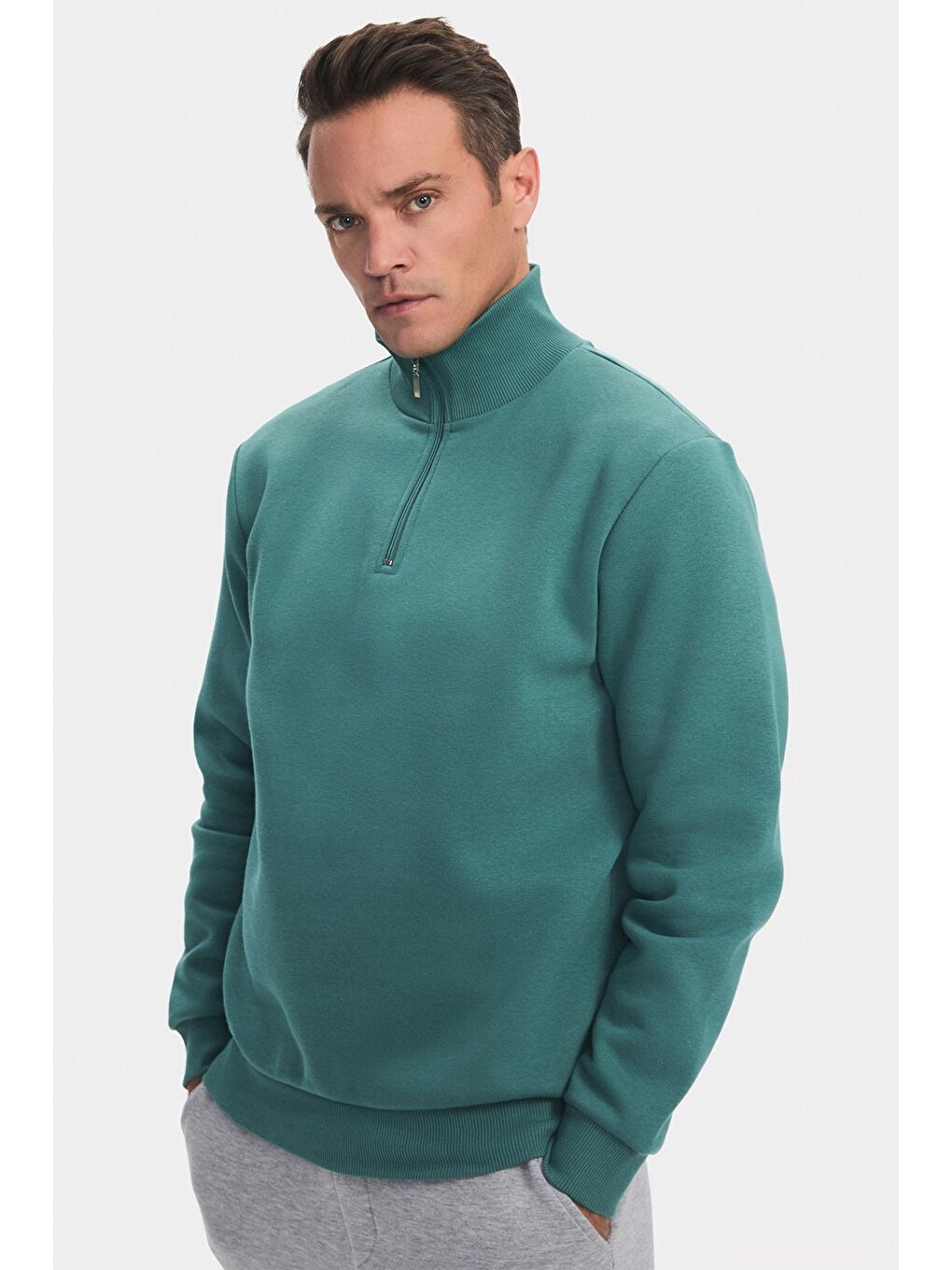 Yeşil Erkek Regular Fit Yarım Fermuarlı Sweatshirt