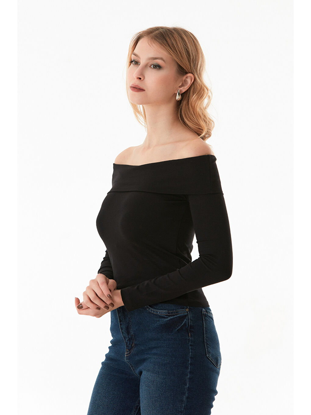 Siyah Basic Madonna Yaka Bluz-3