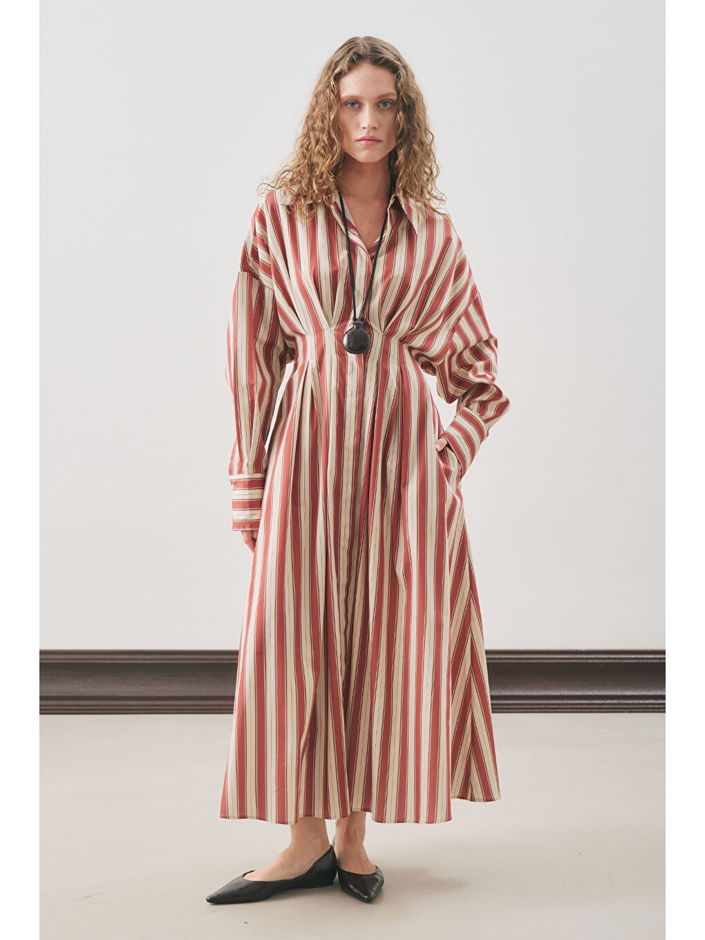 Kahverengi Pile Detaylı Gömlek Elbise Kiremit Çizgili-1