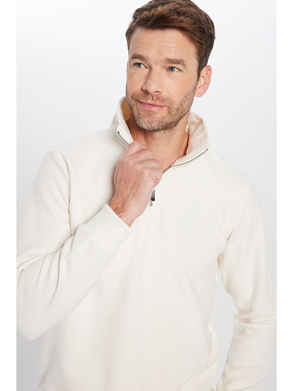 Unisex Relax Fit Rahat Kesim Fitilli Desenli Pamuklu Yarım Fermuarlı Ekru Dik Yaka Sweatshirt