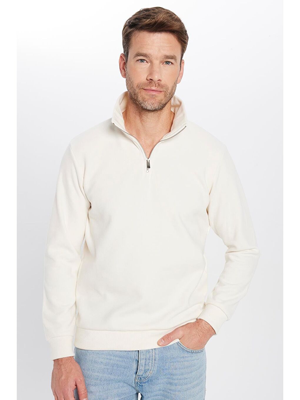 Unisex Relax Fit Rahat Kesim Fitilli Desenli Pamuklu Yarım Fermuarlı Ekru Dik Yaka Sweatshirt-1