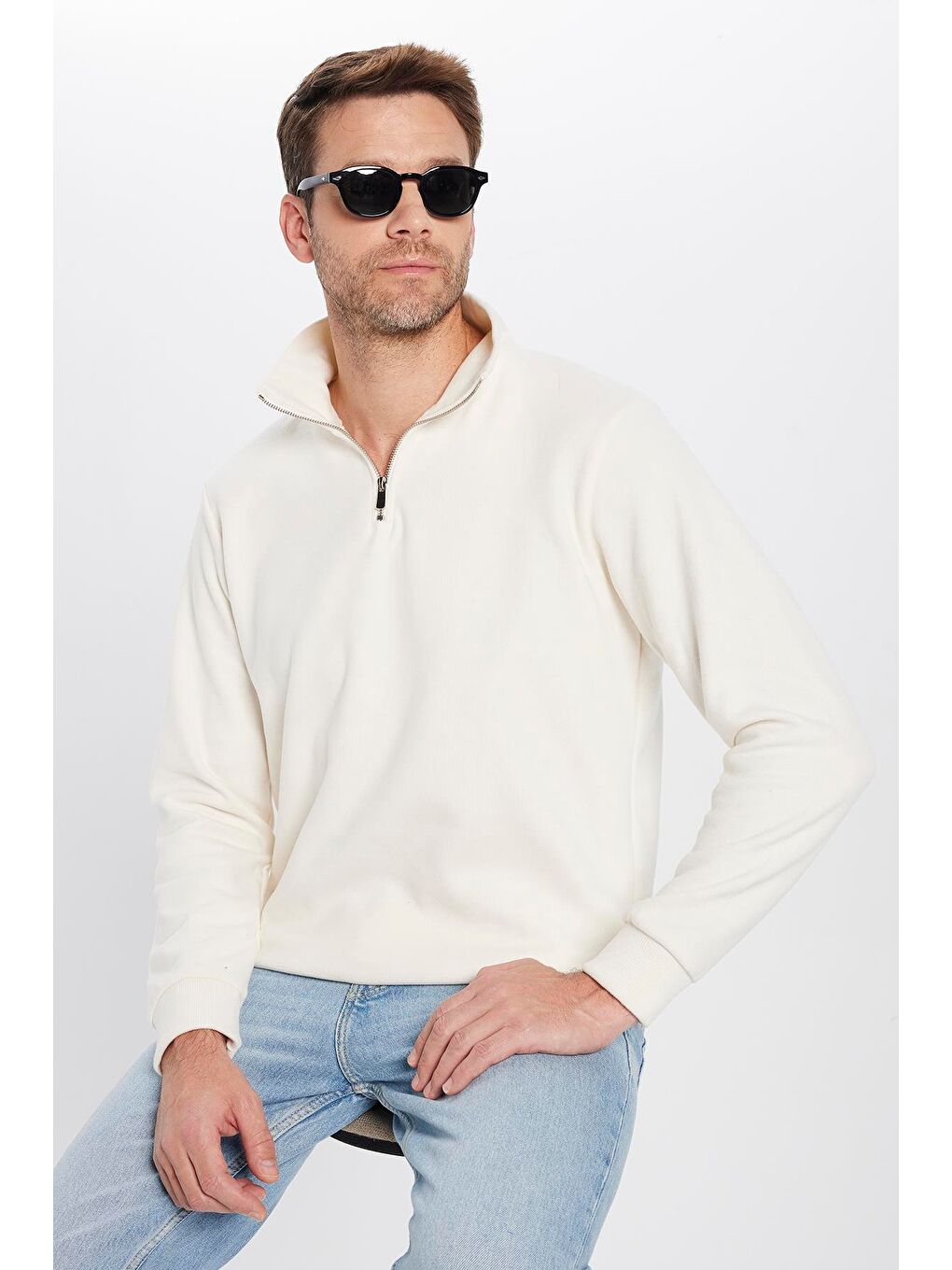 Unisex Relax Fit Rahat Kesim Fitilli Desenli Pamuklu Yarım Fermuarlı Ekru Dik Yaka Sweatshirt-2