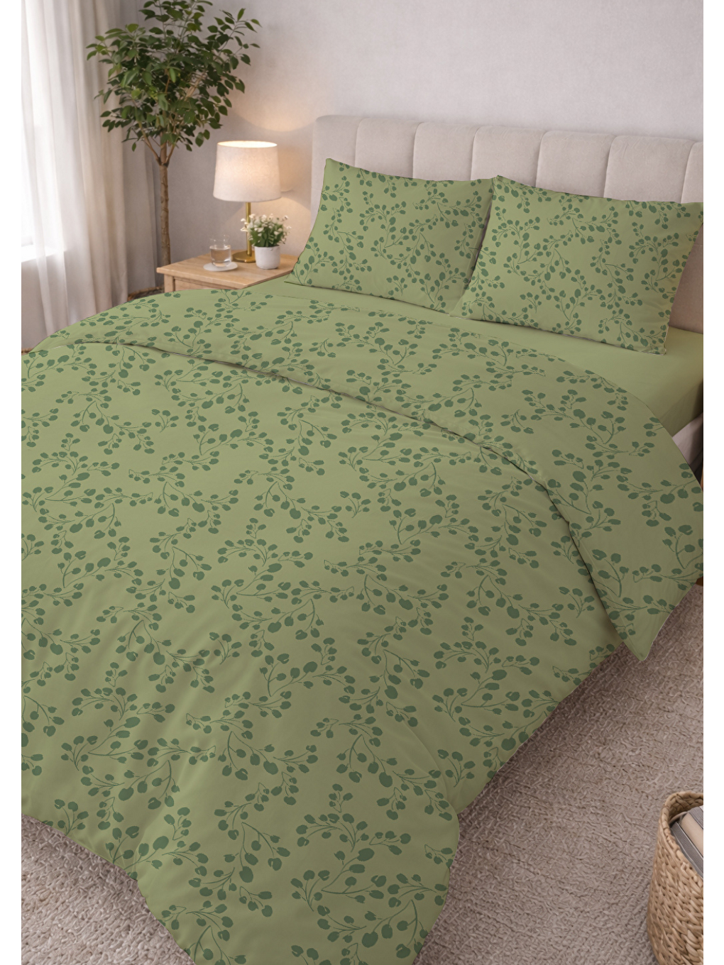 Çift Kişilik Pamuklu Nevresim Takımı - Yeşil Yaprak Desenli (Çarşafsız)-1