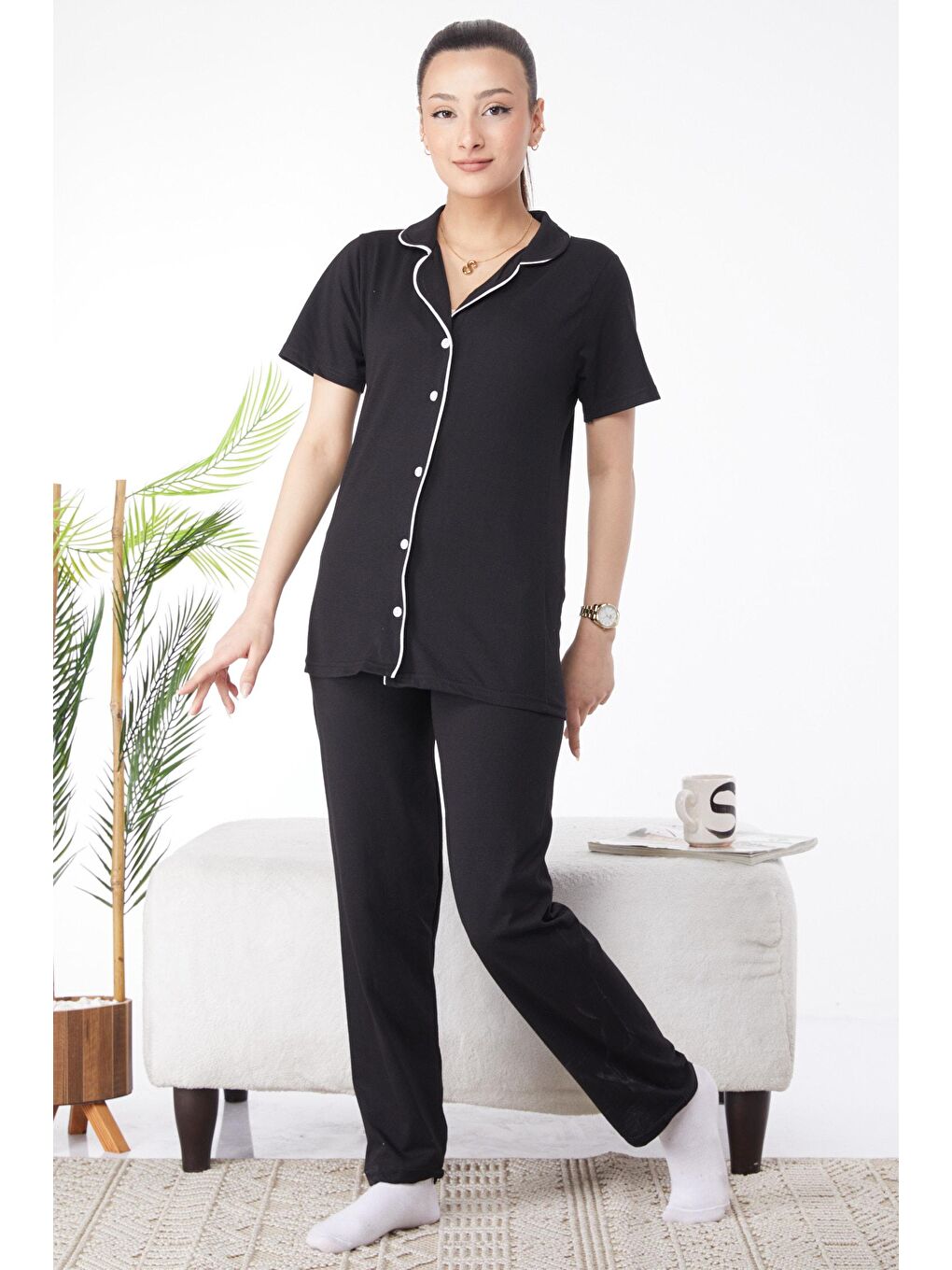 Gömlek Yaka Kadın Siyah Süprem Kısa Kollu Pijama Takımı - 24595