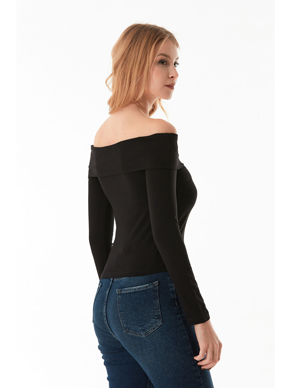 Siyah Basic Madonna Yaka Bluz-4