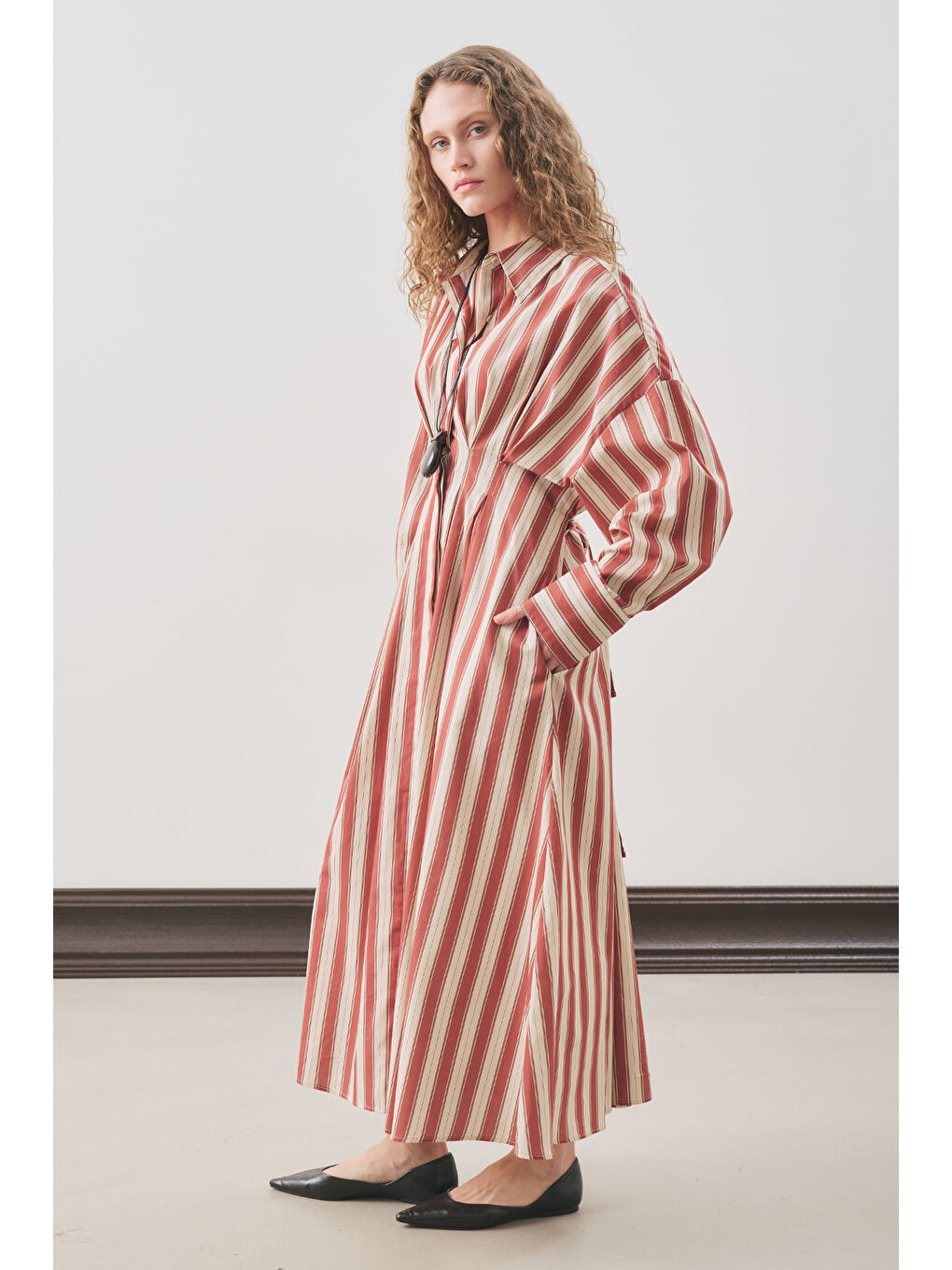 Kahverengi Pile Detaylı Gömlek Elbise Kiremit Çizgili-2