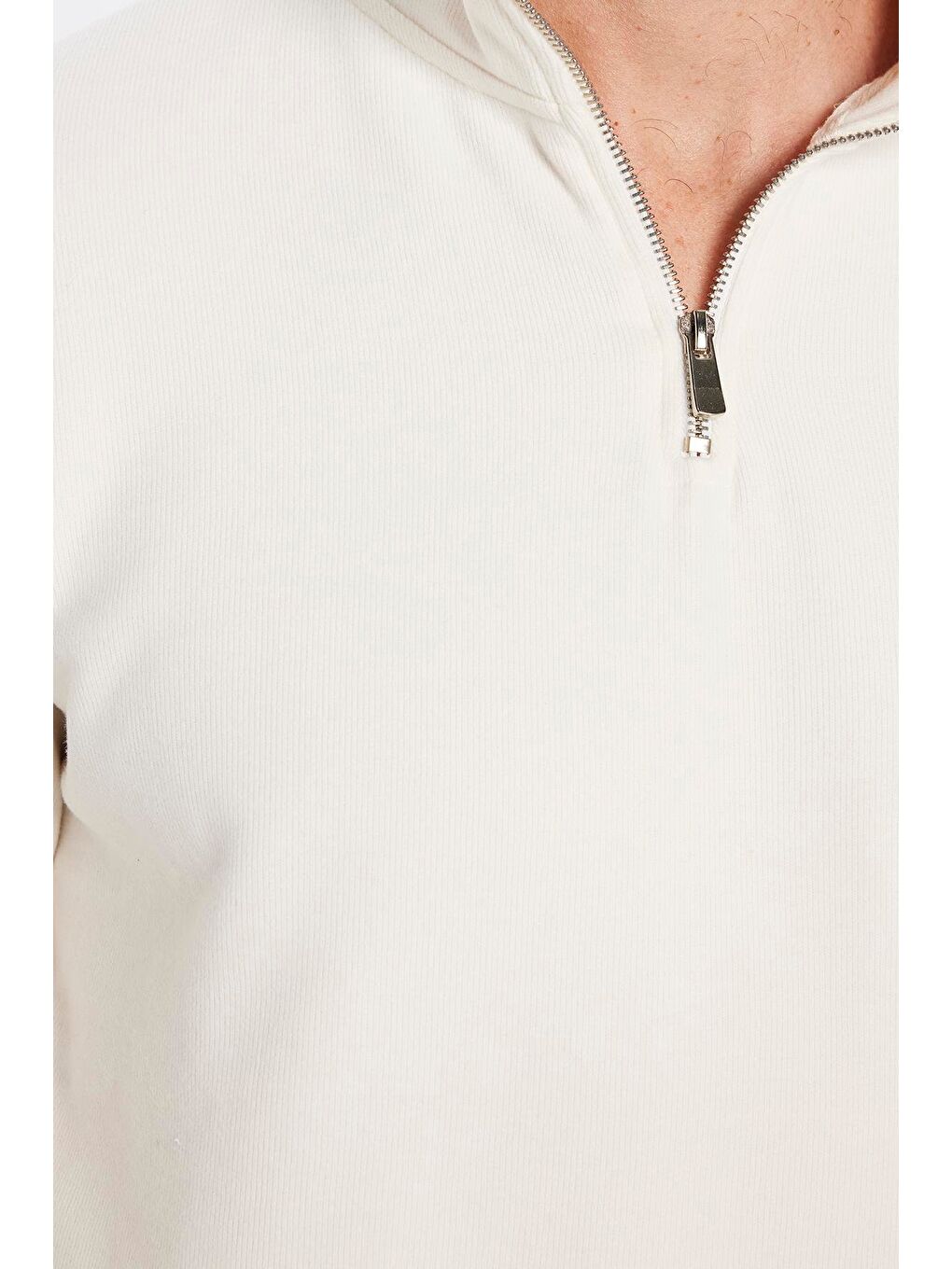 Unisex Relax Fit Rahat Kesim Fitilli Desenli Pamuklu Yarım Fermuarlı Ekru Dik Yaka Sweatshirt-3