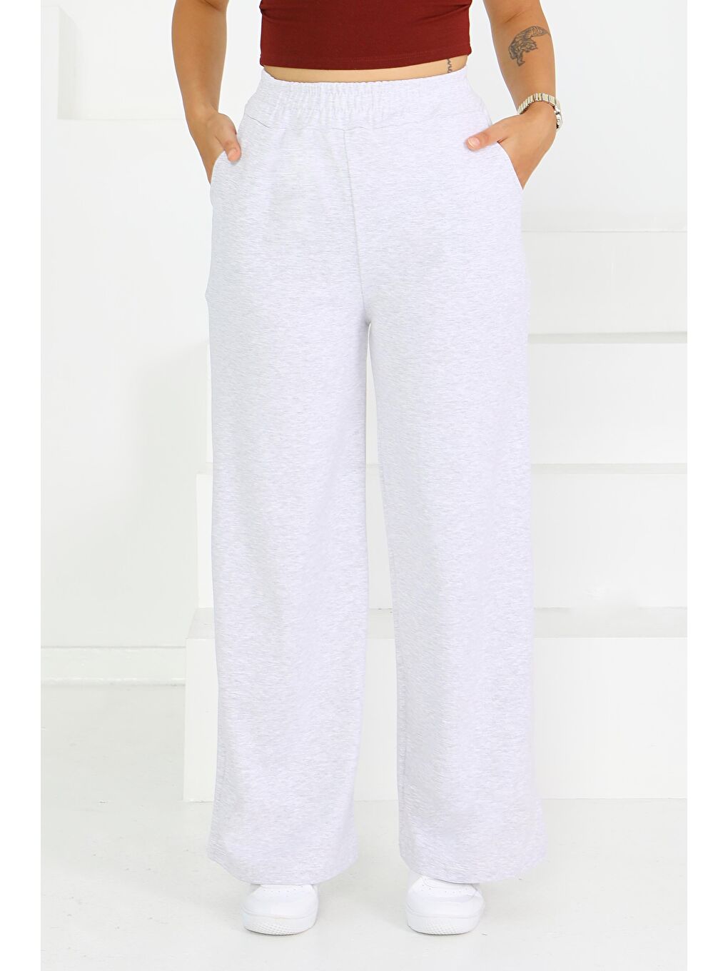 Cepli Bol Paça İki İplik Eşofman Altı Gri - 27674-1