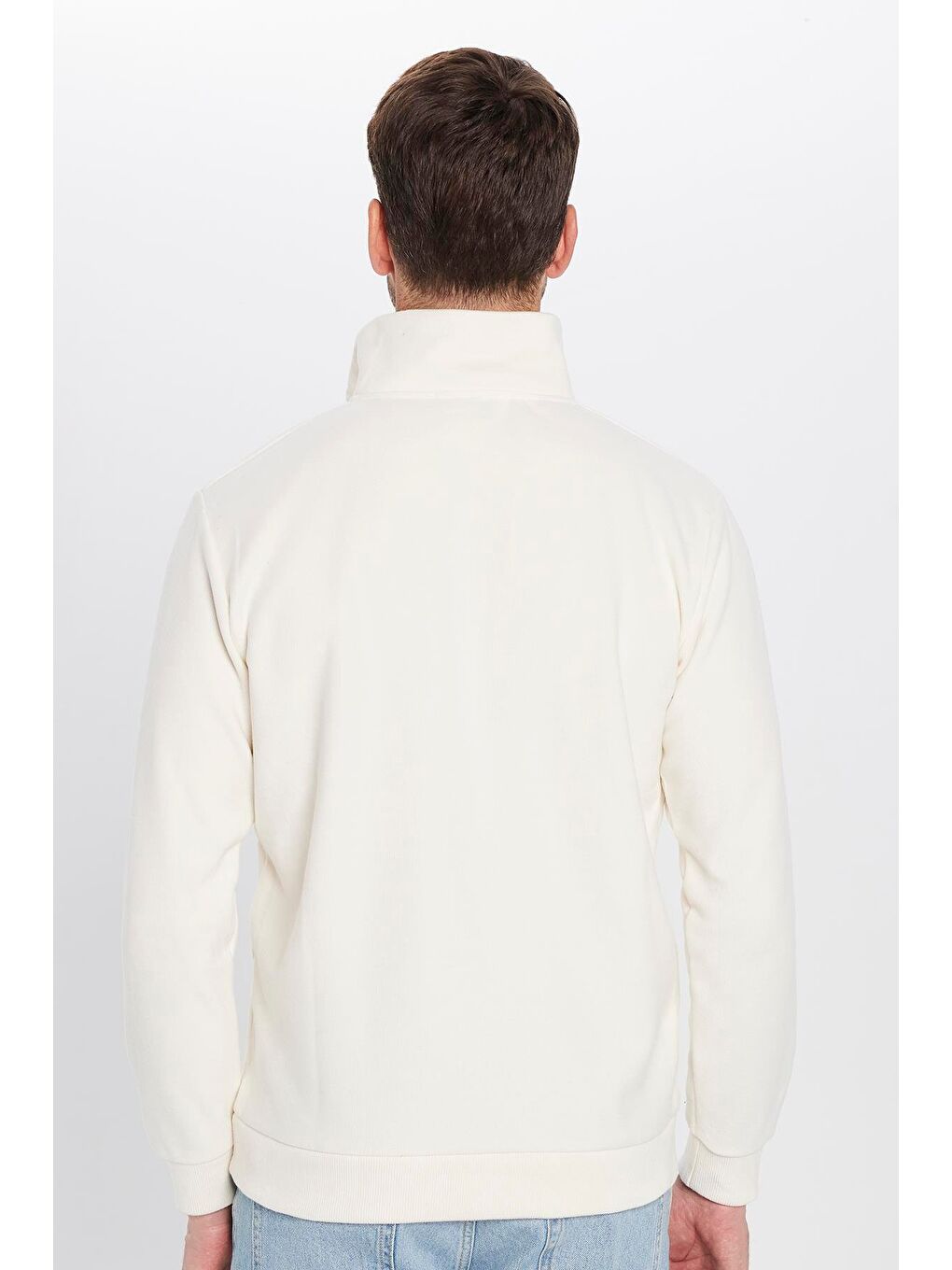 Unisex Relax Fit Rahat Kesim Fitilli Desenli Pamuklu Yarım Fermuarlı Ekru Dik Yaka Sweatshirt-4