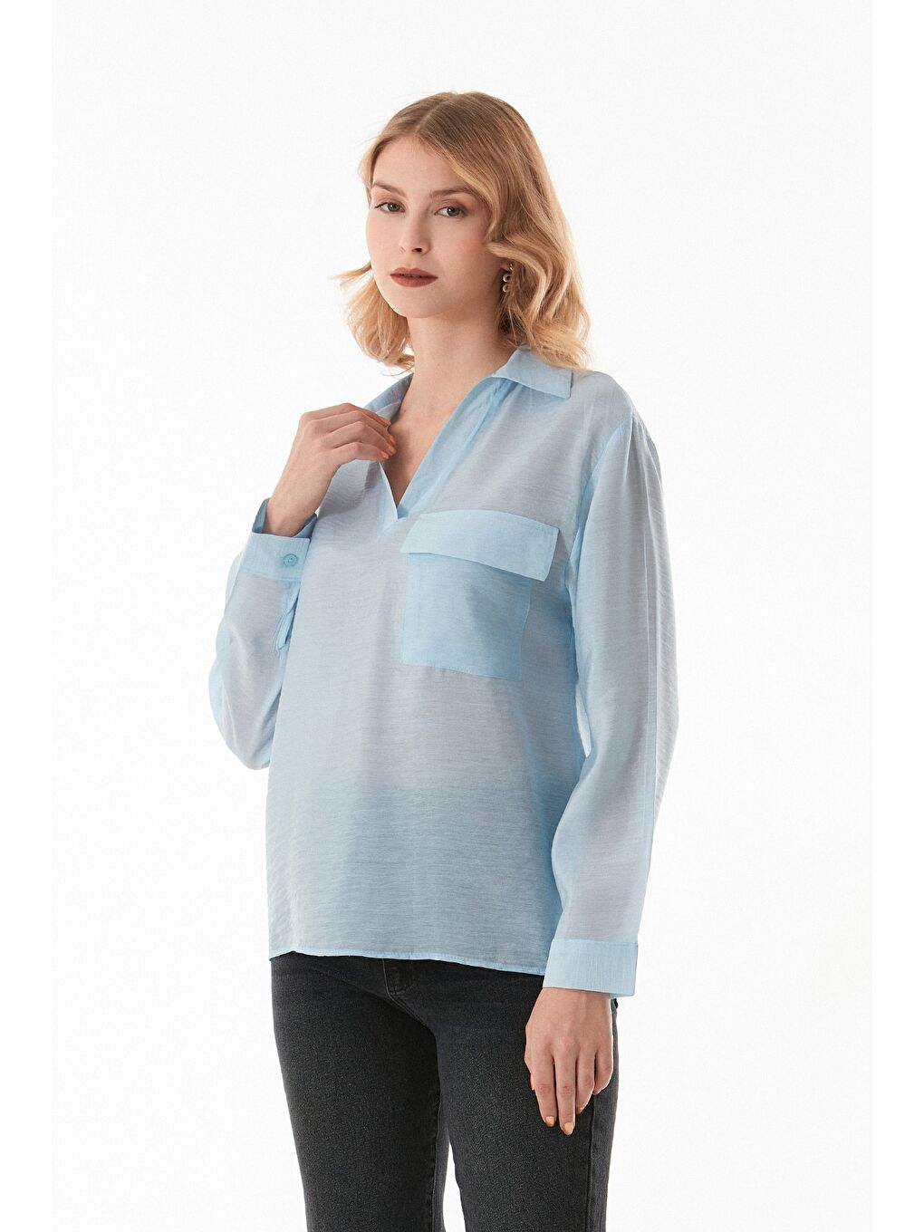 Mavi Basic V Yaka Tek Cepli Gömlek-1