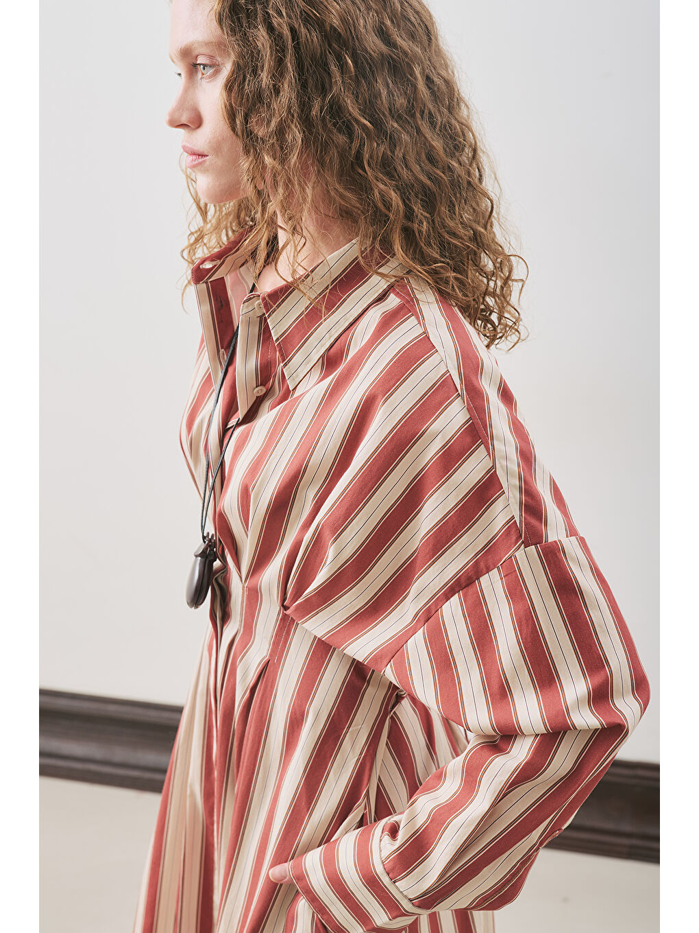 Kahverengi Pile Detaylı Gömlek Elbise Kiremit Çizgili-3