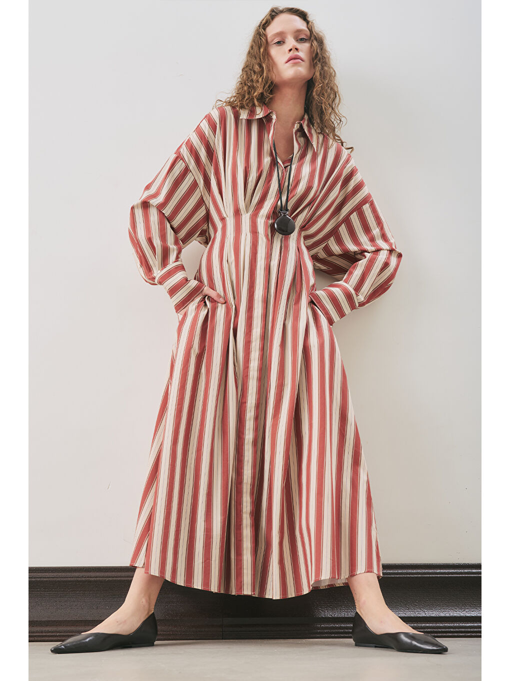 Kahverengi Pile Detaylı Gömlek Elbise Kiremit Çizgili-4